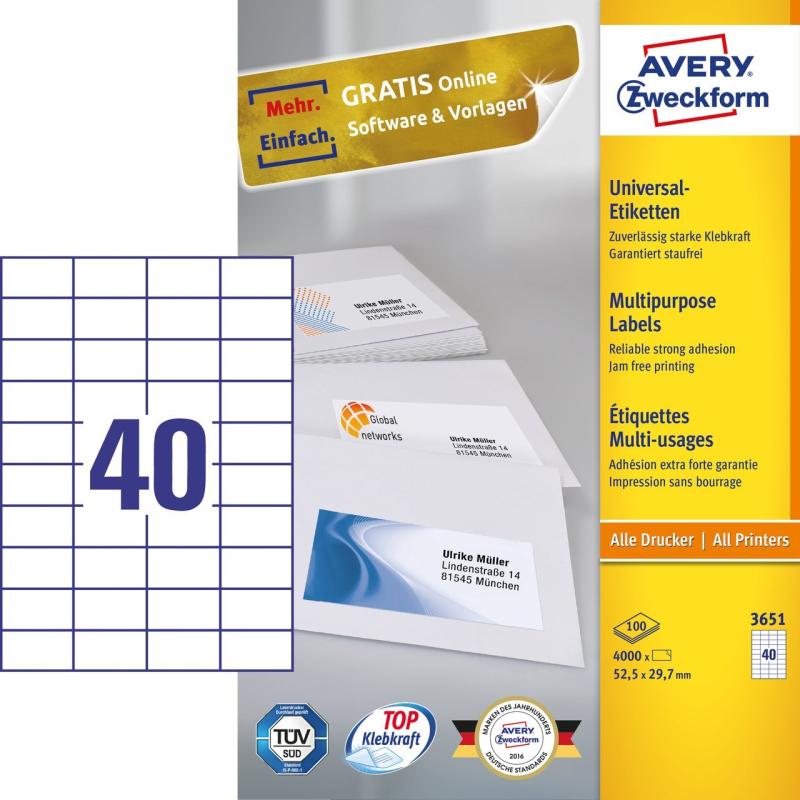 Avery Zweckform, Avery Labels 52,5 x 29,7mm, A4 (3651)