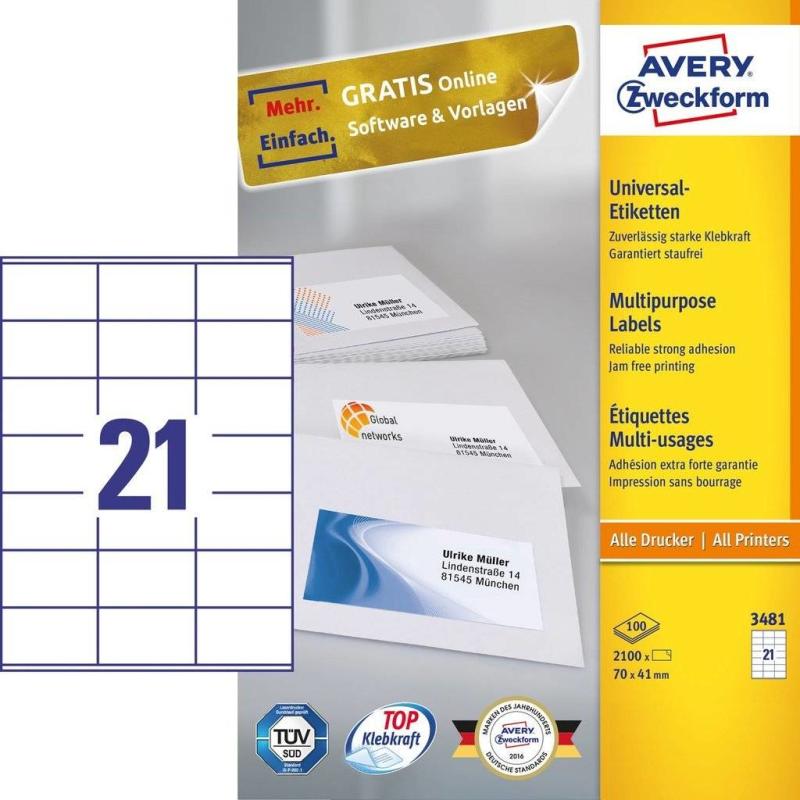 Avery Zweckform, Avery Labels 70 x 41mm White, A4 (3481)