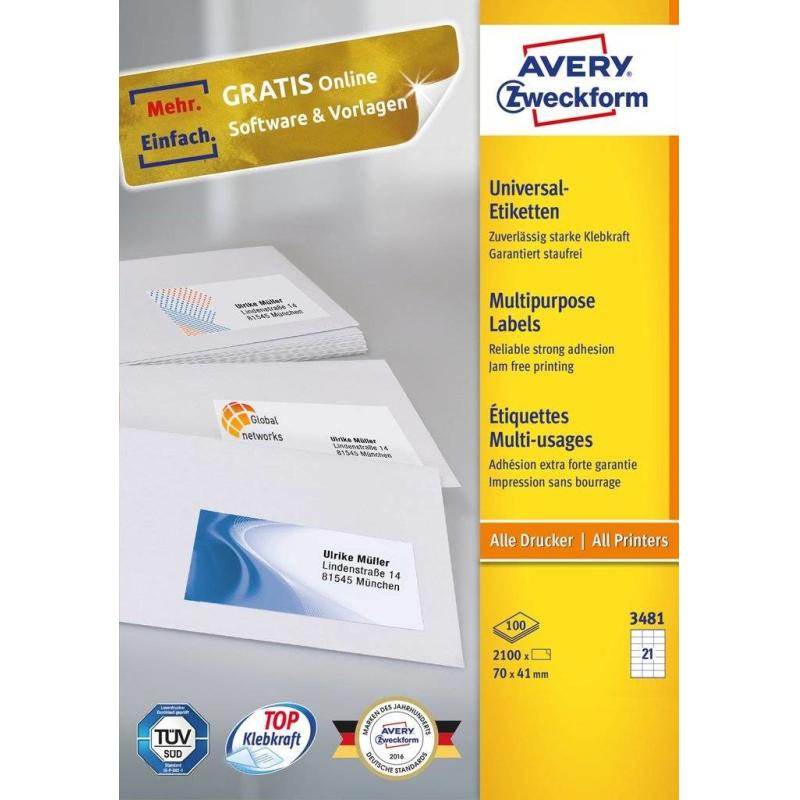 Avery Zweckform, Avery Labels 70 x 41mm White, A4 (3481)