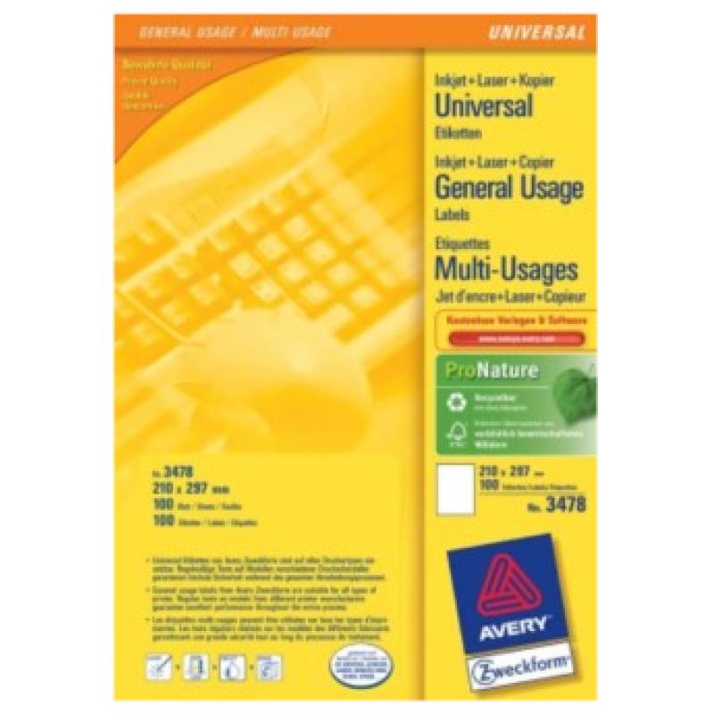 Avery Zweckform, Labels Avery 210 x 297mm, A4 (3478)