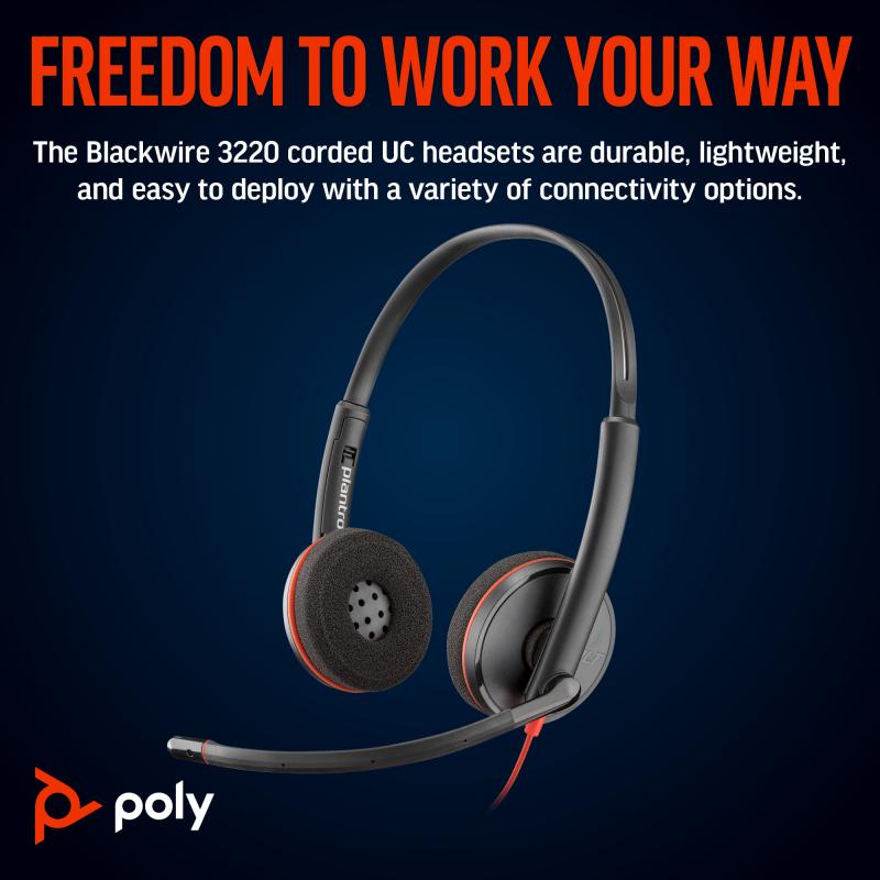 HP Poly Headset Blackwire 3220 Stereo USB-C USBC Headset +USB-C A +USBC A Adapter (8X228AA)