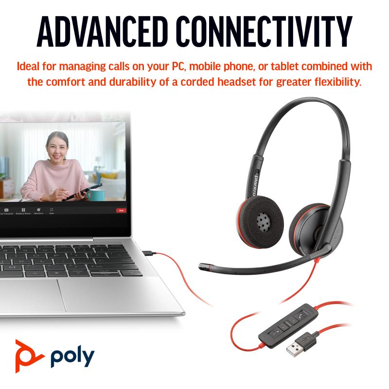 HP Poly Headset Blackwire 3220 Stereo USB-C USBC Headset +USB-C A +USBC A Adapter (Bulk) (8X2J9A6)