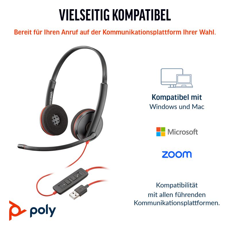 HP Poly Headset Blackwire 3220 Stereo USB-C USBC Headset +USB-C A +USBC A Adapter (93S87AA)