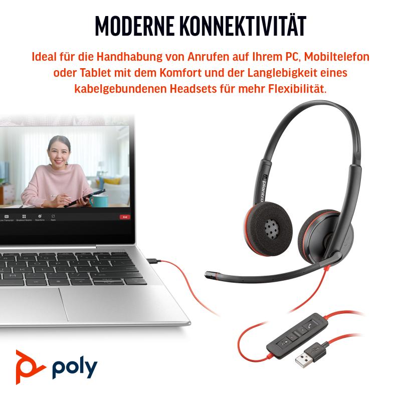 HP Poly Headset Blackwire 3220 Stereo USB-C USBC Headset +USB-C A +USBC A Adapter (93S87AA)