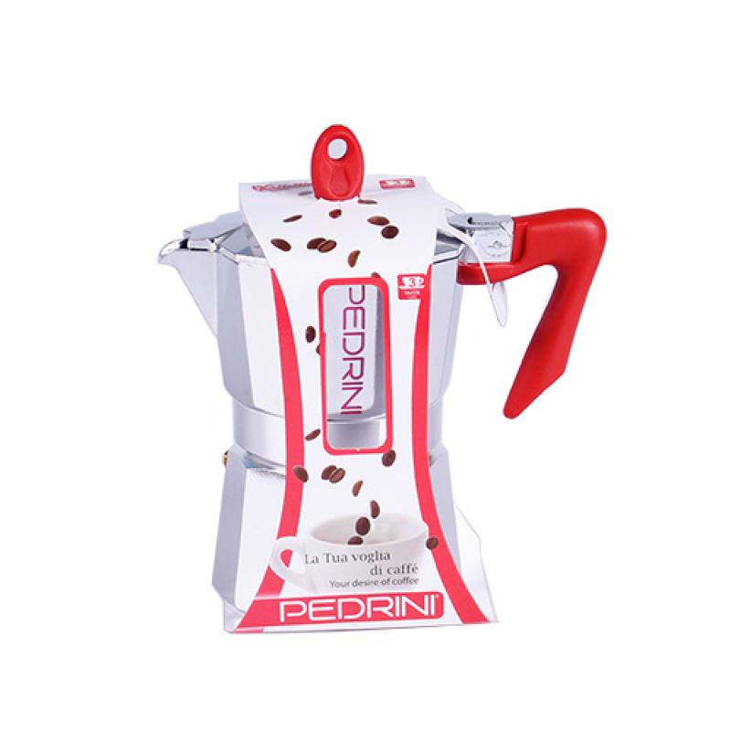 Pedrini Coffee Maker polished Aluminum 3 cups silver red (9083-0) (90830)