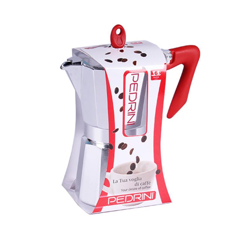 Pedrini Coffee Maker polished Aluminum 6 Cups silver red (9084-0) (90840)